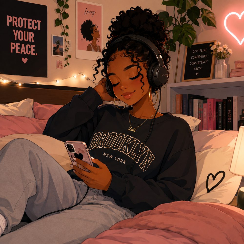 Listener with headphones